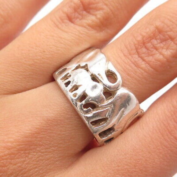 925 Sterling Silver Vintage Elephant Family Band Ring Size